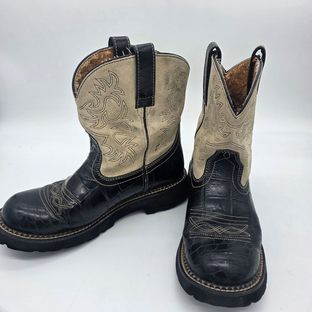 Ariat Fatbaby Western Boots Womens 9.5 B Black Tan Leather Pull On Cowboy Ankle